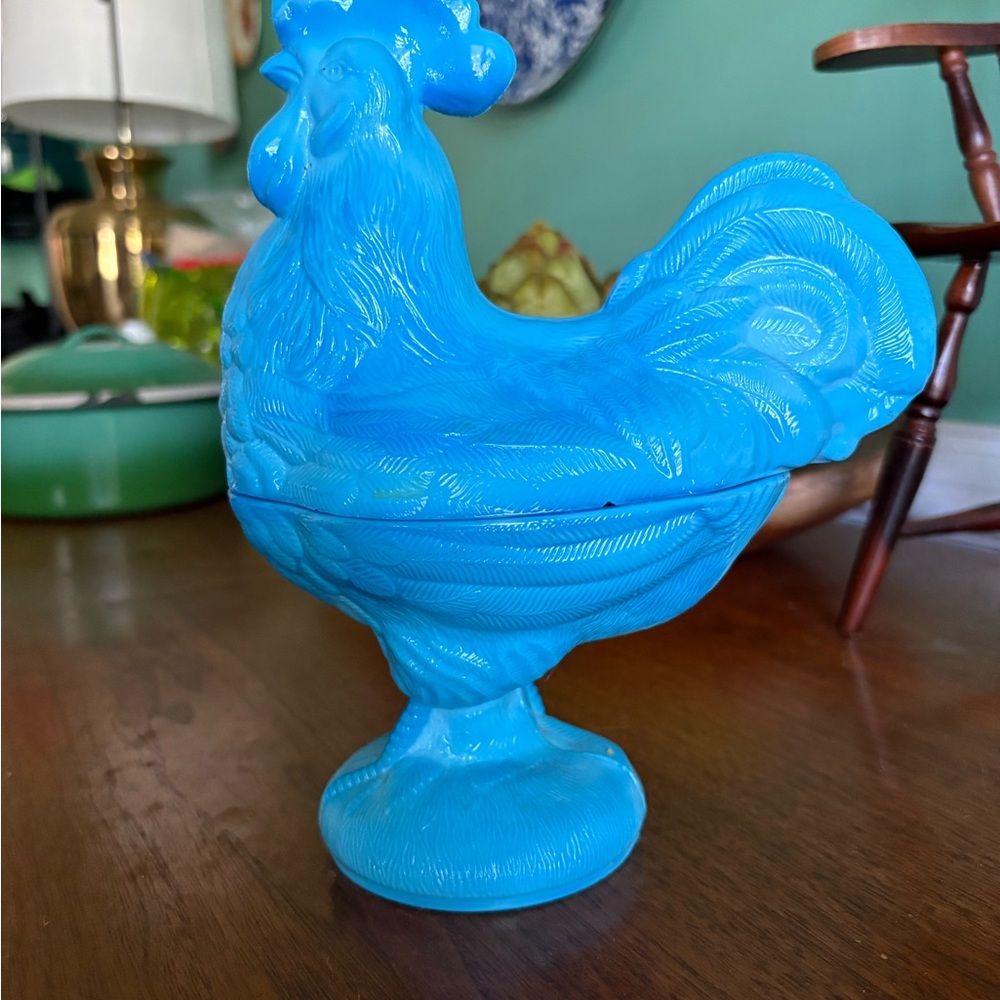 Vintage Blue Slag Glass Rooster Candy Dish